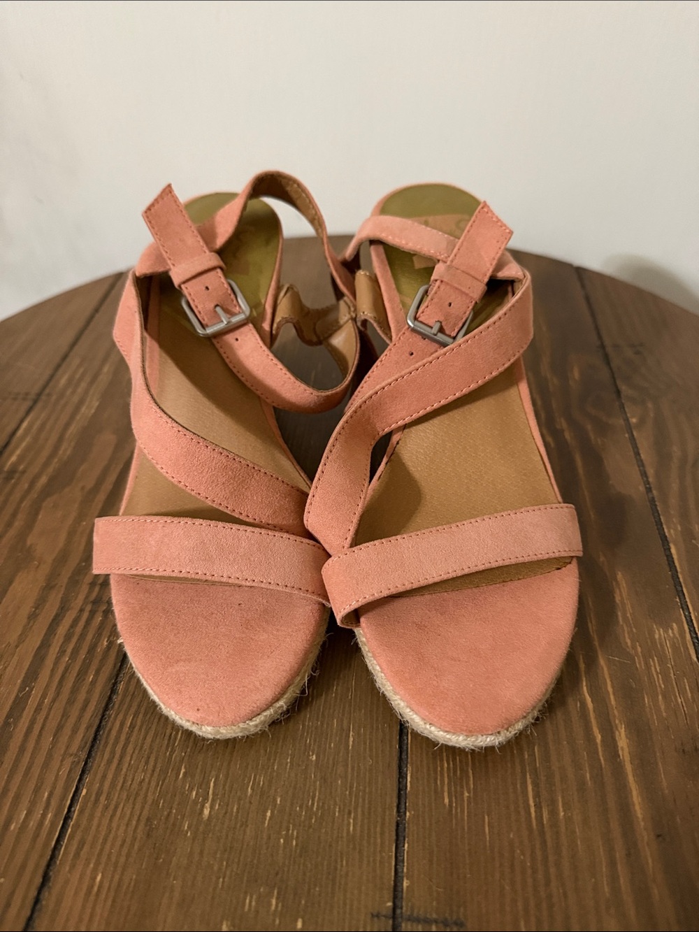 Women's Coral Pink Suede Wedge Sandals with Ankle Strap